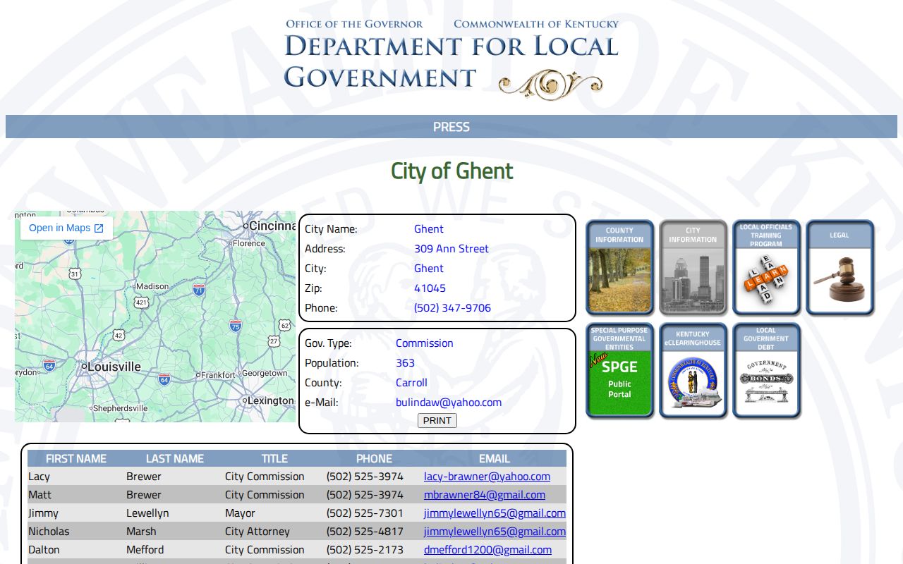 Ghent Kentucky municipal profile for arrest records routing
