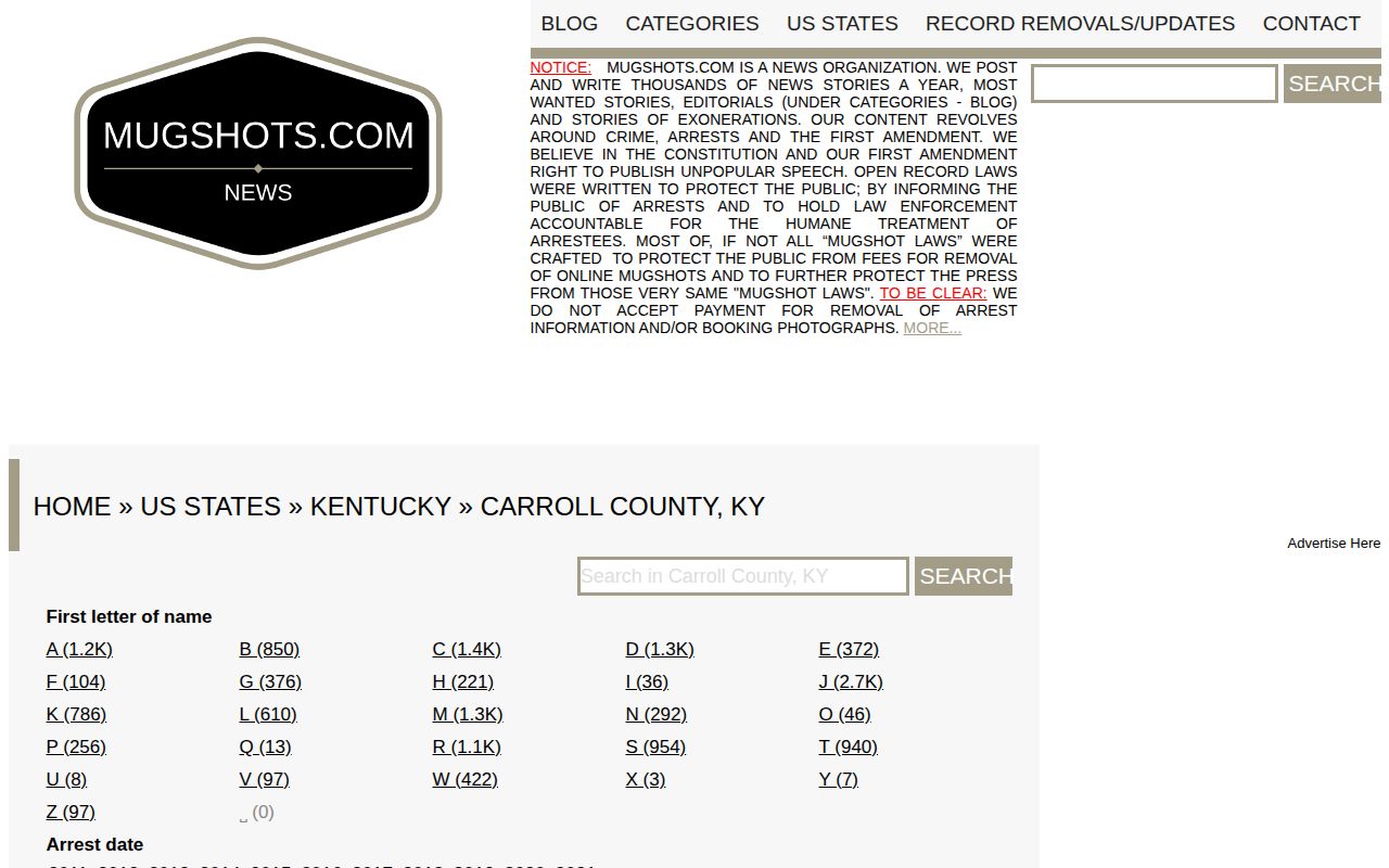 Unofficial Mugshots.com Carroll County historical arrest archive