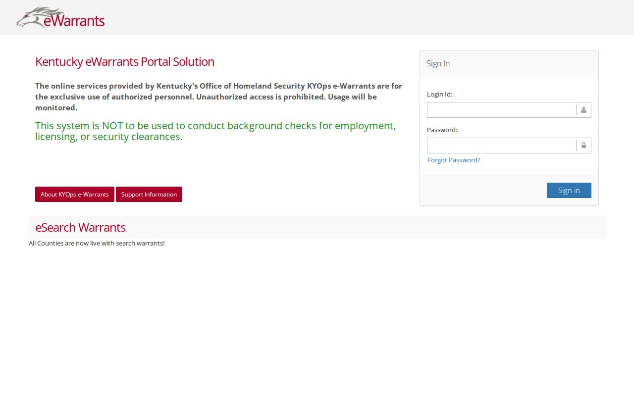 Kentucky eWarrants authorized user page for Carroll County warrant records