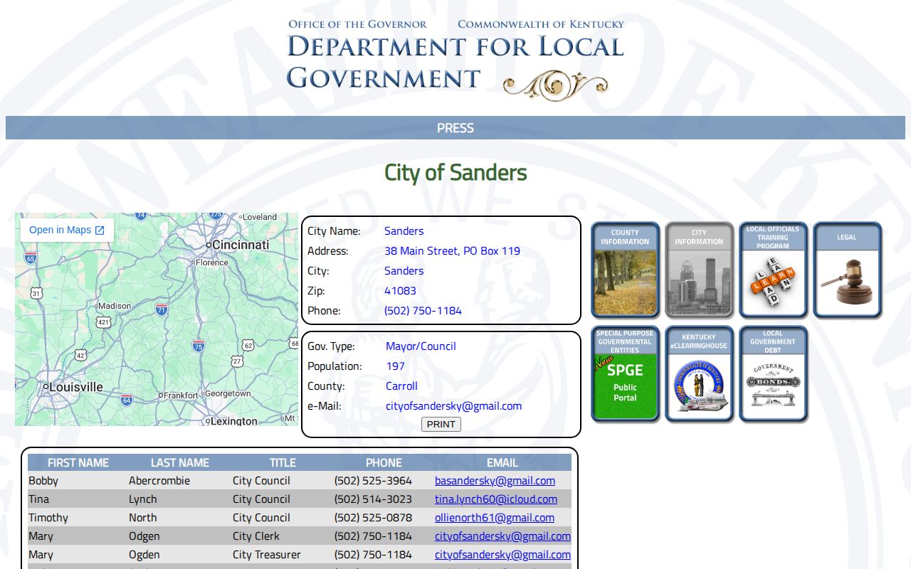 Sanders Kentucky municipal profile for Sanders arrest record routing